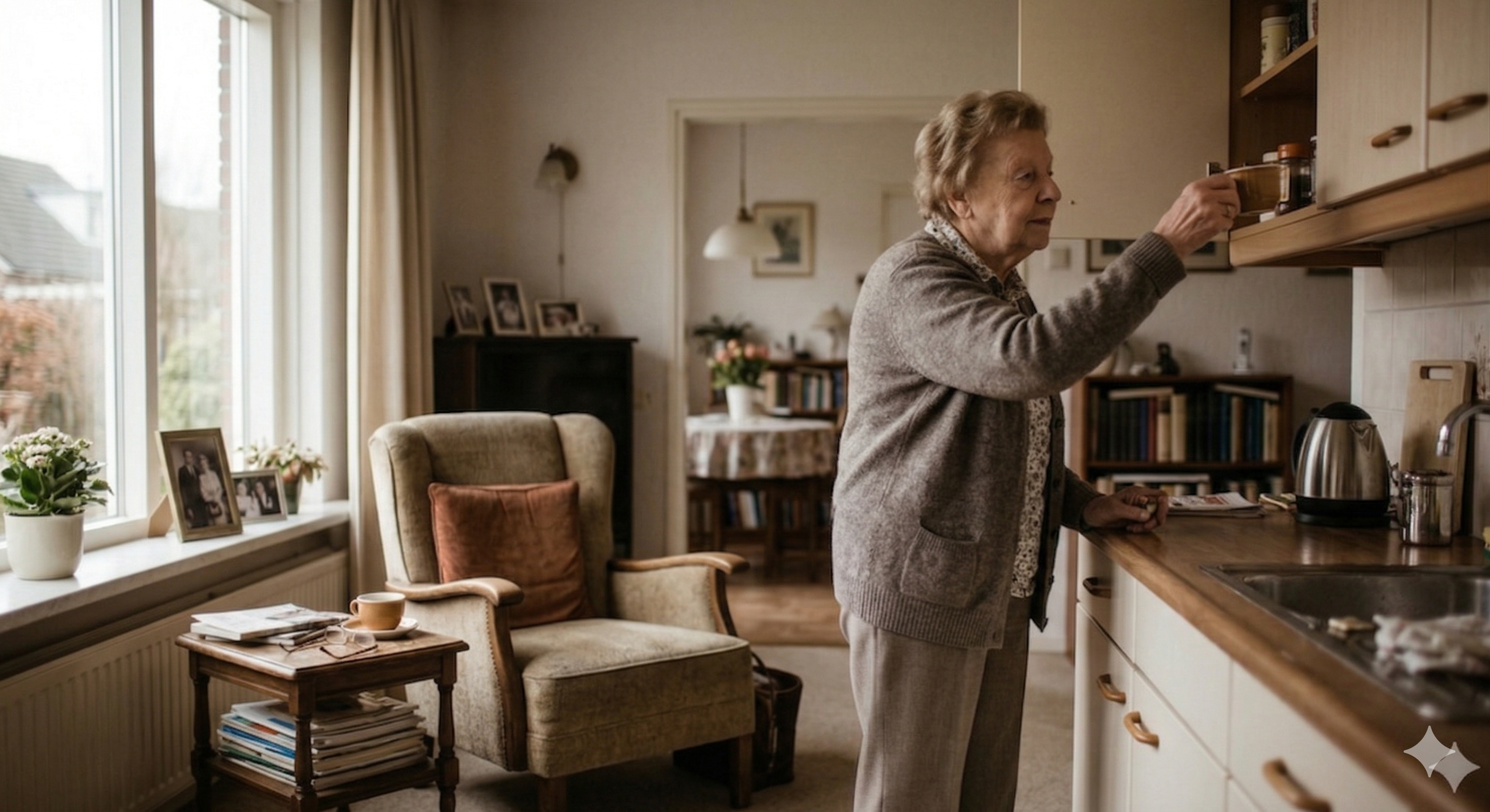 Oudere vrouw zelfstandig thuis in haar keuken